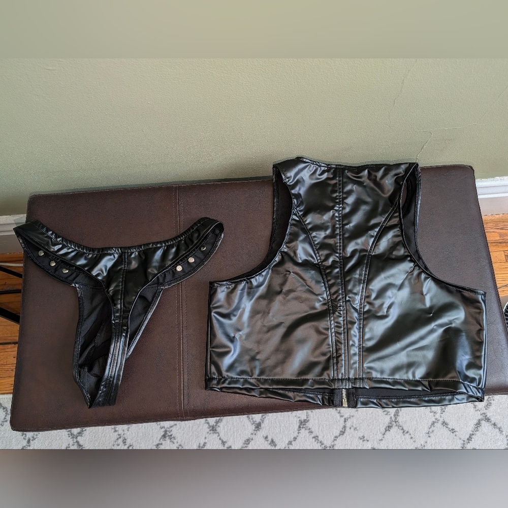 Black Faux Vegan Leather Vinyl Zip Front Crop Top & Studded Thong Set - Picture 3 of 3